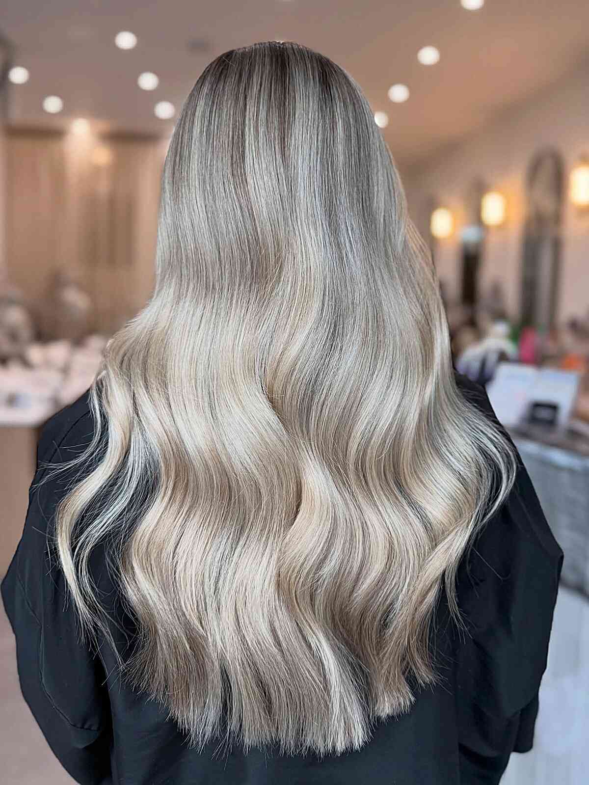 Mid-Back Ash Blonde With Platinum Highlights, Close-Up Take — Winter Highlights