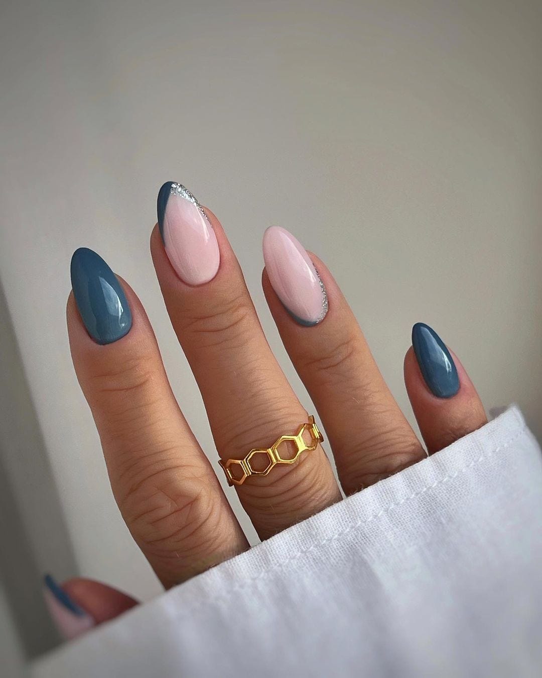 Teal Pale Pink Color Block Medium Almond Nails Teal Pale Pink Color Block Medium Almond Nails — Winter Nail Colors