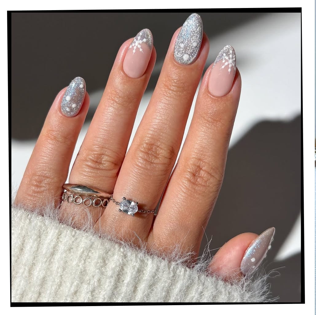 Pale Pink Silver Glitter Snowflake Short Almond, Everyday Version Pale Pink Silver Glitter Snowflake Short Almond, Everyday Version — Winter Nail Colors