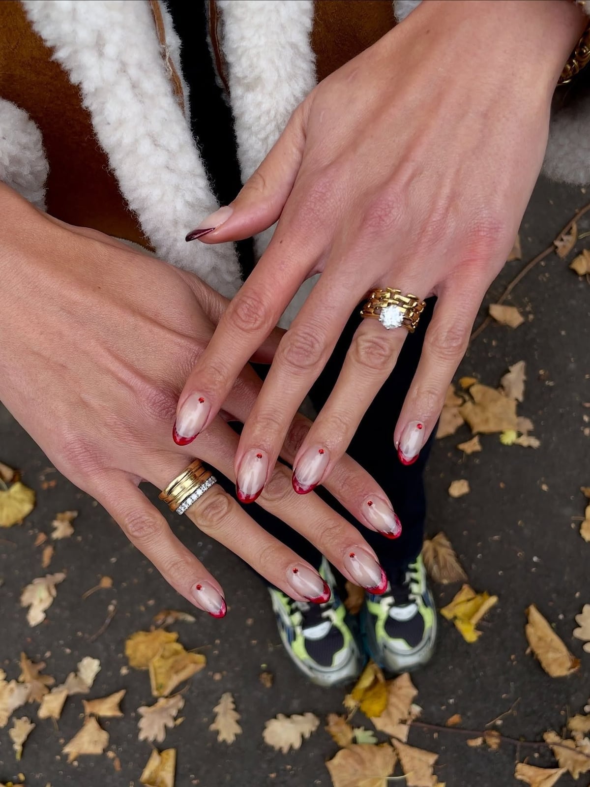 Clear Red French Tip Dot Short Almond Nails Clear Red French Tip Dot Short Almond Nails — Winter Nail Colors