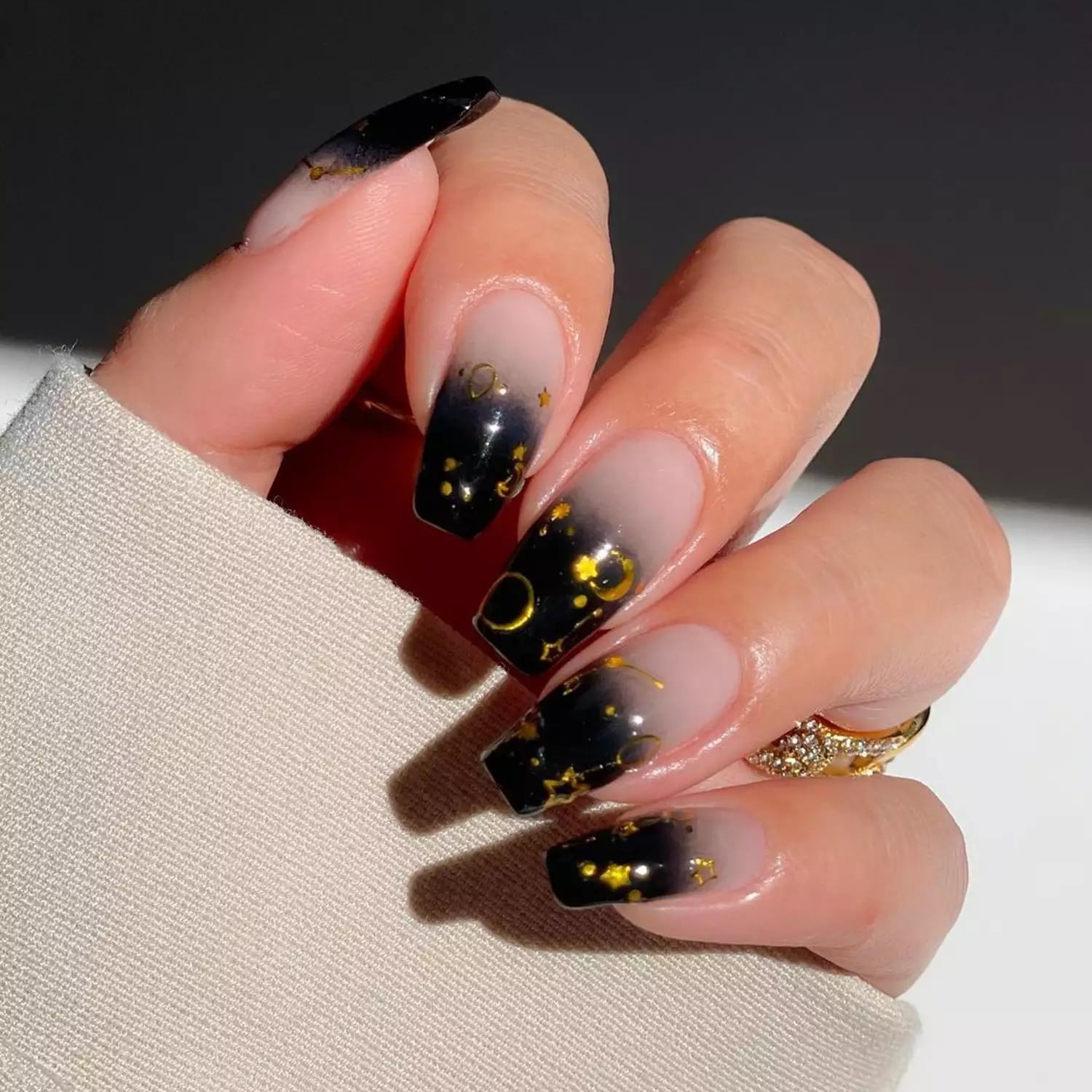 Black Pink Celestial Gold Star Moon Long Coffin Nails Black Pink Celestial Gold Star Moon Long Coffin Nails — Winter Nail Colors