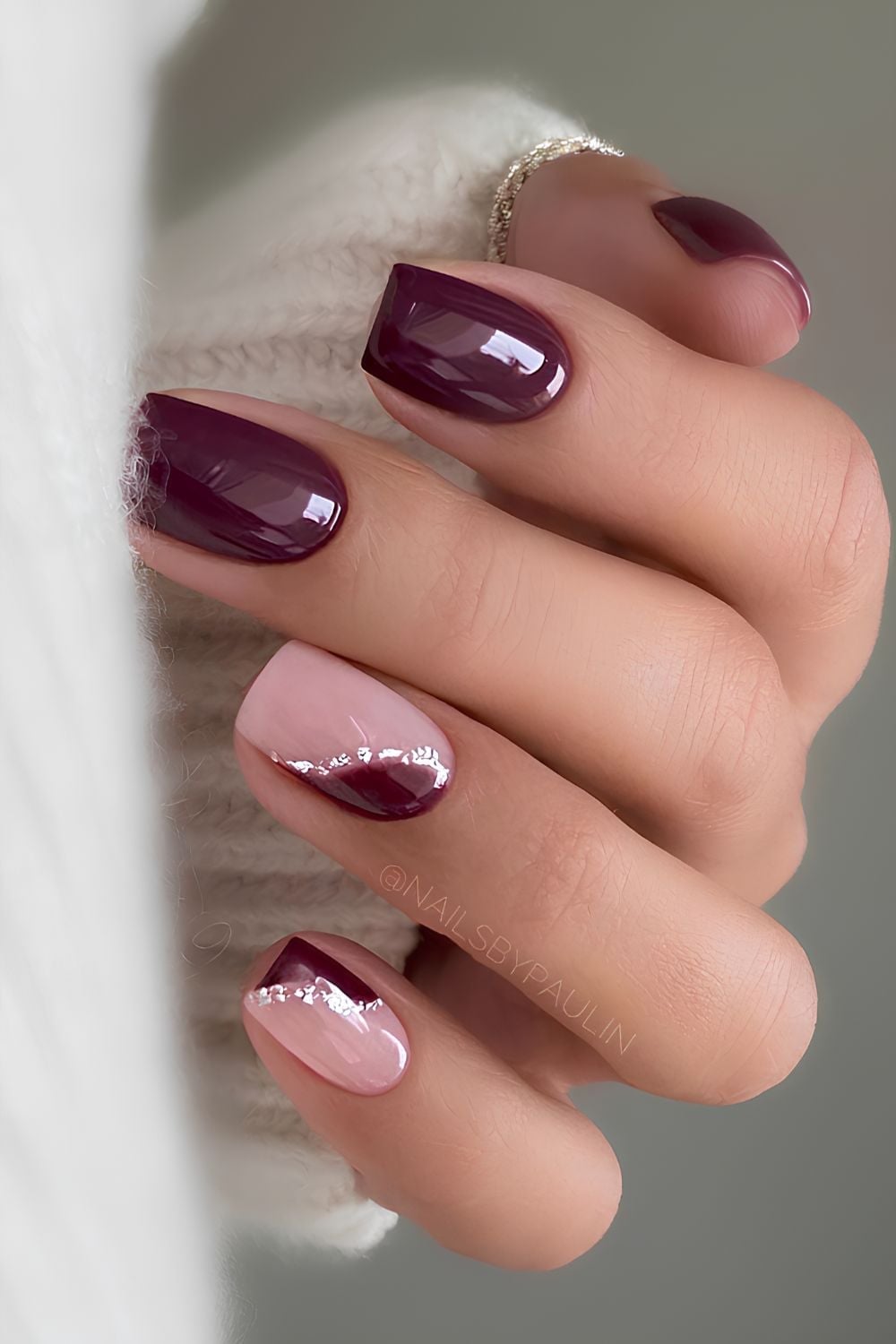 Short Soft Square Burgundy French With Silver Short Soft Square Burgundy French With Silver — Winter Purple Nails