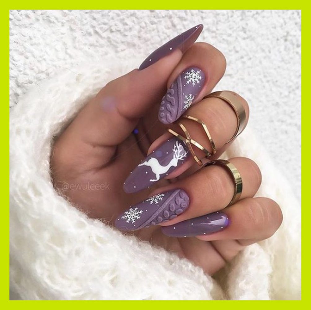 Long Stiletto Muted Purple With Winter Motifs Long Stiletto Muted Purple With Winter Motifs — Winter Purple Nails