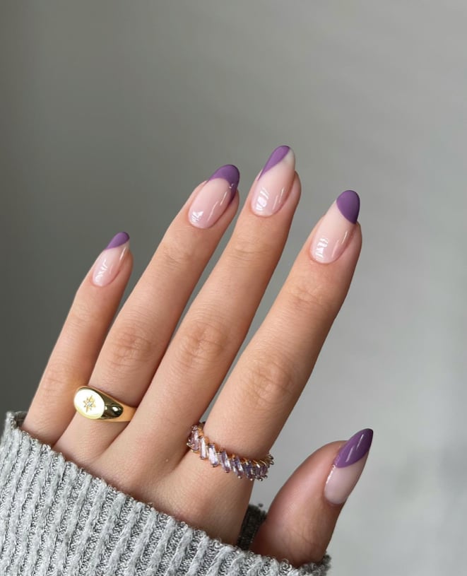Medium Almond Sheer Nude Deep Purple French Medium Almond Sheer Nude Deep Purple French — Winter Purple Nails
