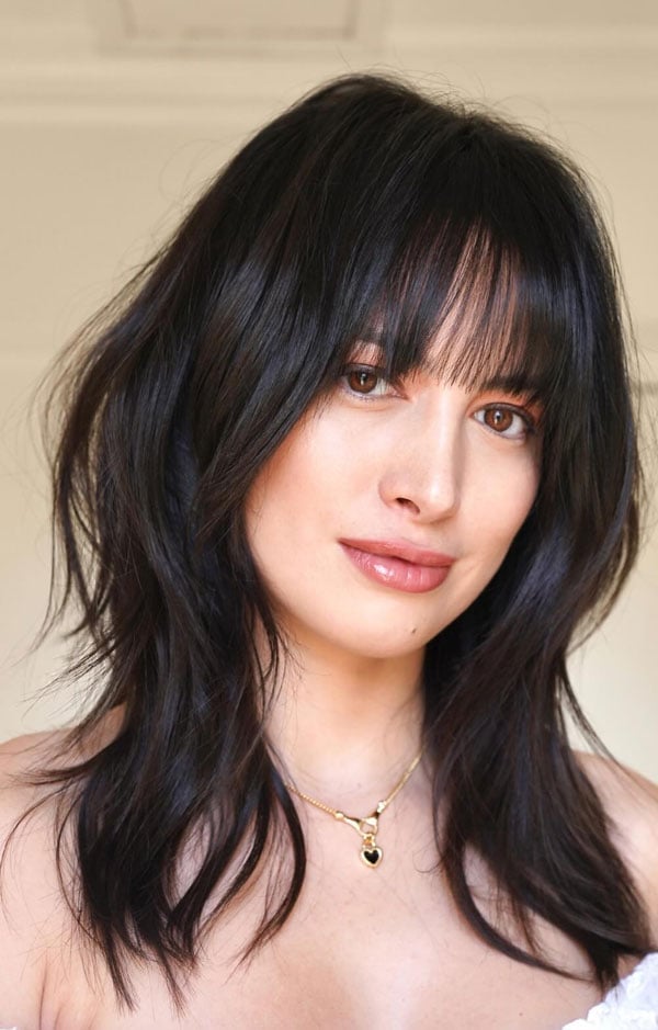 Shoulder Length Shag With Textured Wispy Bangs, Dark Brown Shoulder Length Shag With Textured Wispy Bangs, Dark Brown