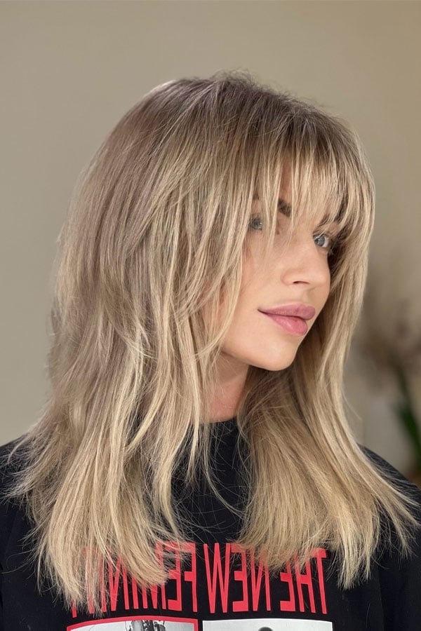 Honey Blonde Shag With Textured Wispy Fringe Honey Blonde Shag With Textured Wispy Fringe — Wispy Bangs