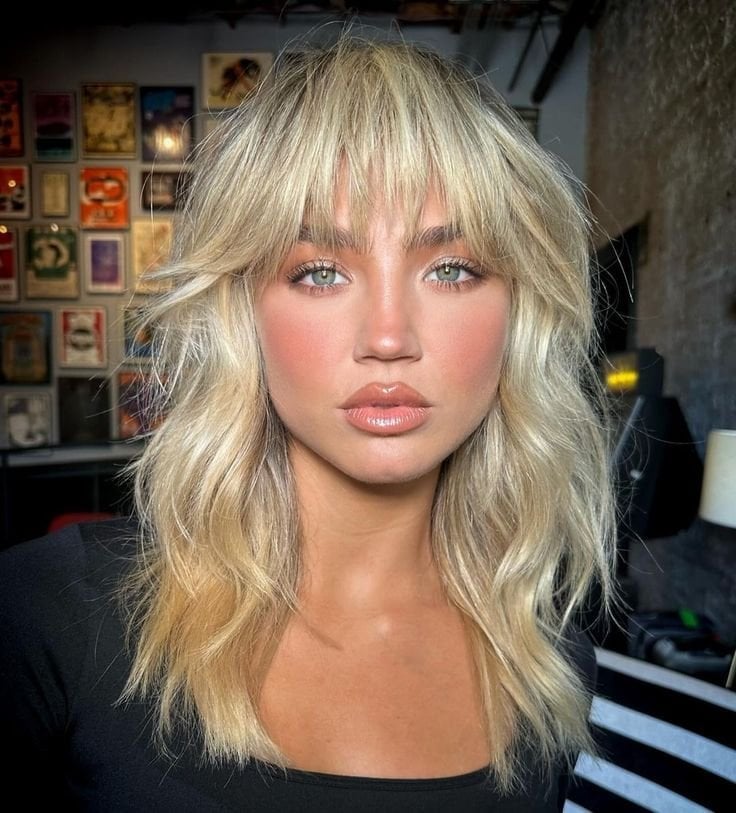 Ash Blonde Shag With Feathered Wispy Bangs, Collarbone Ash Blonde Shag With Feathered Wispy Bangs, Collarbone