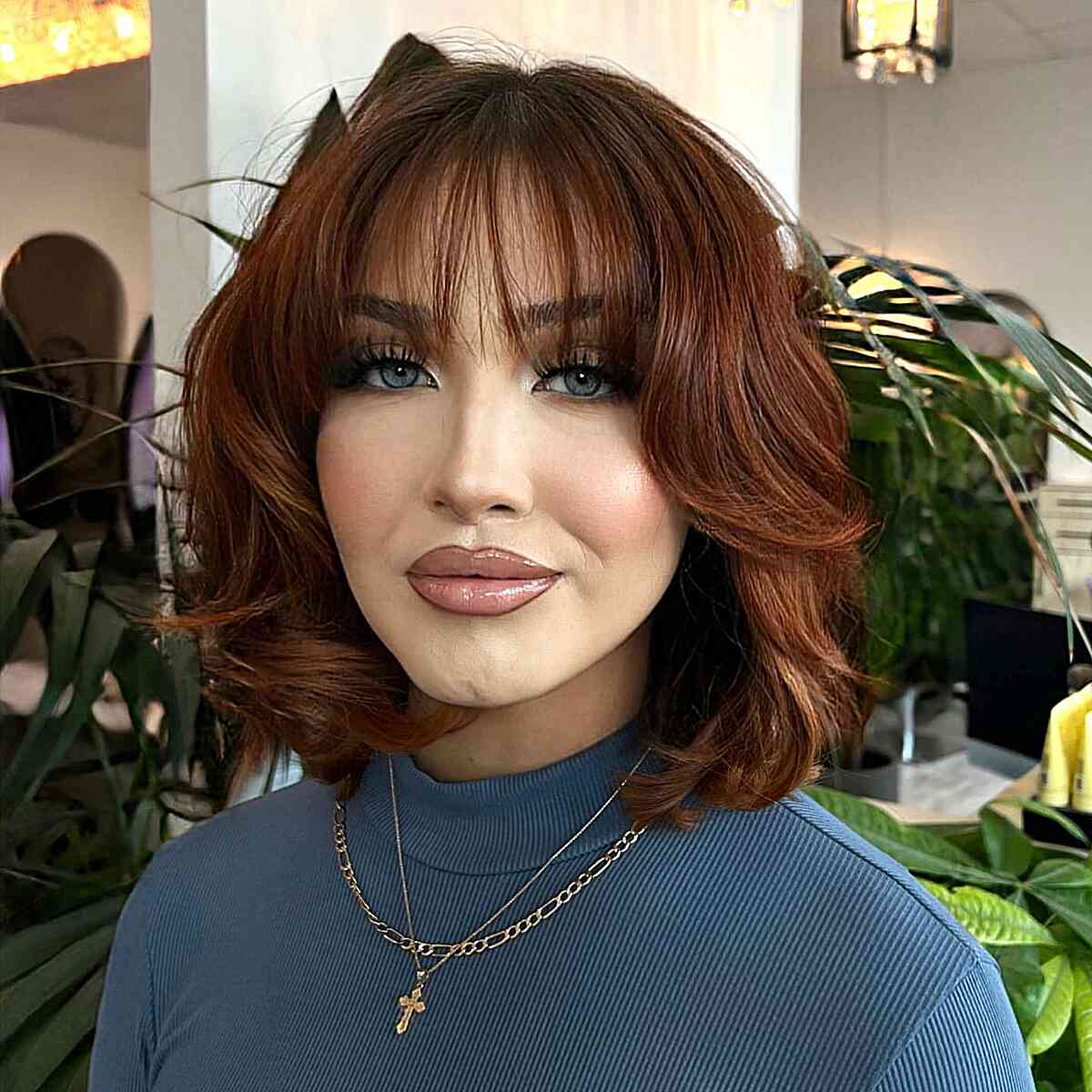Layered Bob With Wispy Bangs In Red Brown Layered Bob With Wispy Bangs In Red Brown