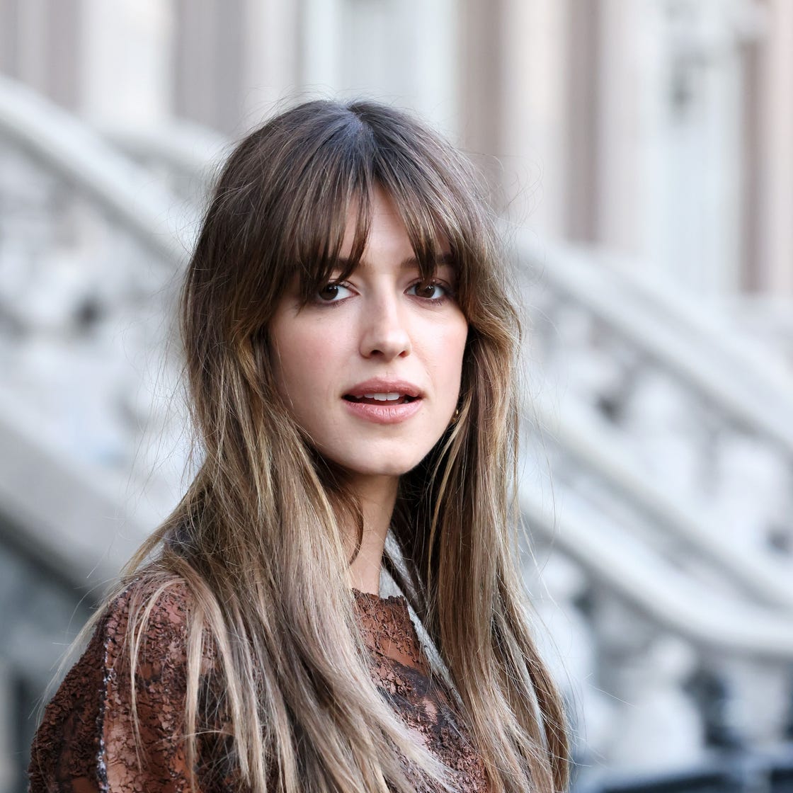 Mid-Back Layers With Air Dried Wispy Bangs, Layered Dark Brown Hair Mid-Back Layers With Air Dried Wispy Bangs, Layered Dark Brown Hair