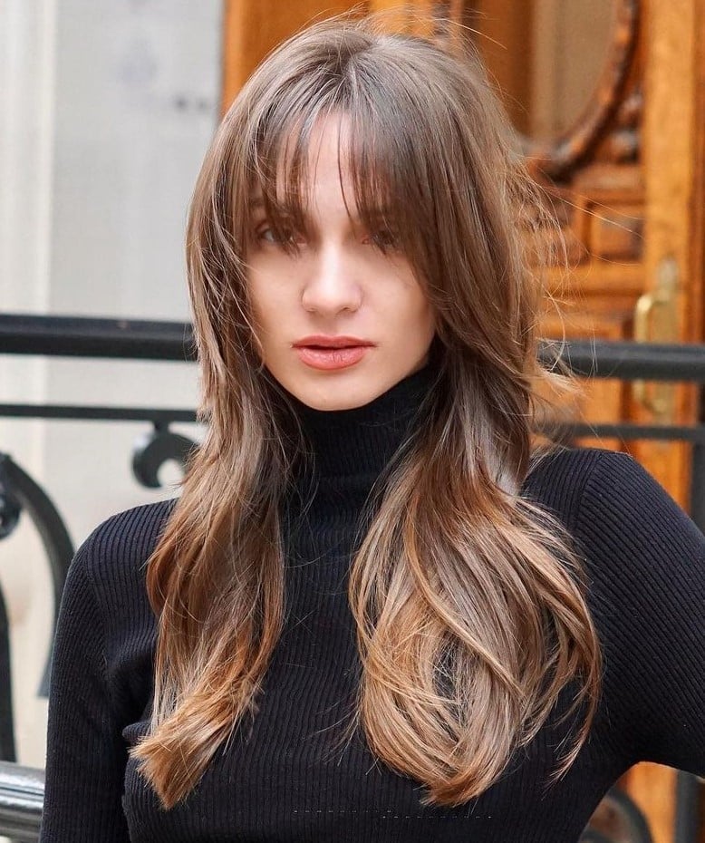 Mid-Back Layers With Air Dried Wispy Bangs, Close-Up Take Mid-Back Layers With Air Dried Wispy Bangs, Close-Up Take
