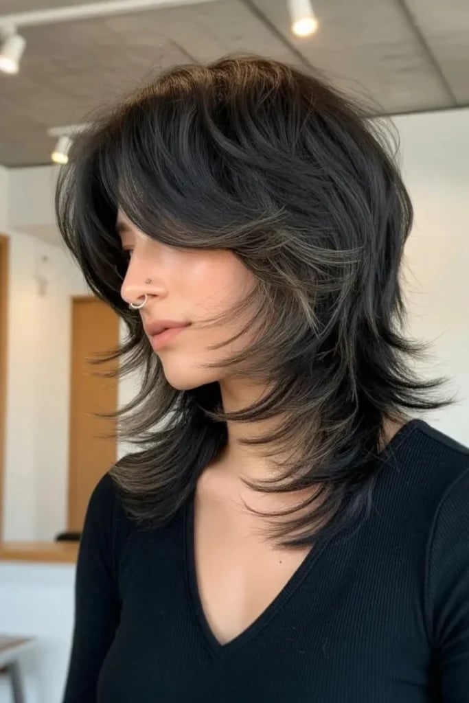 Dark Brown Wolf Cut No Bangs Collarbone Length
