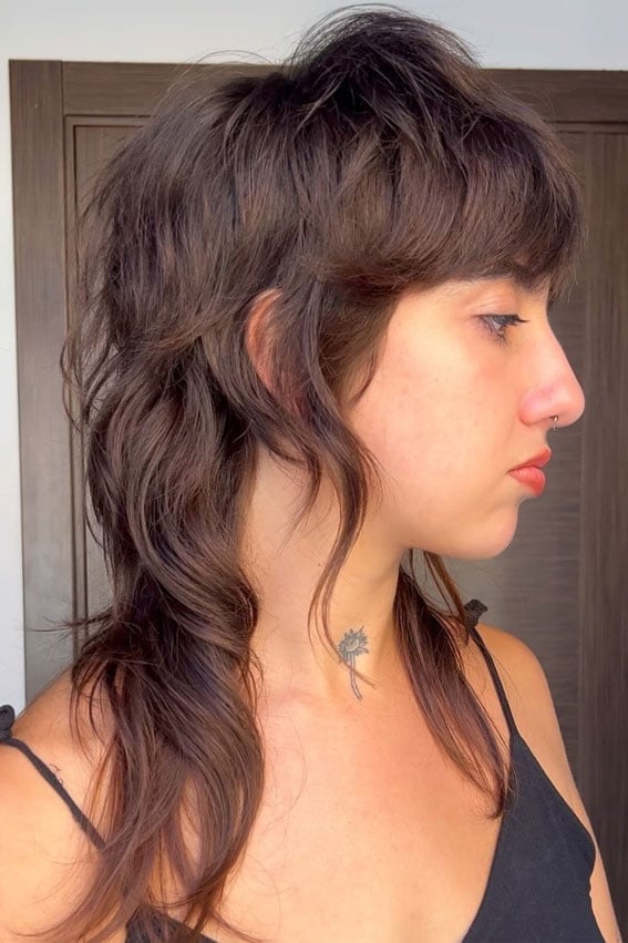 Dark Brown Wolf Cut Shoulder Length, Wispy Bangs