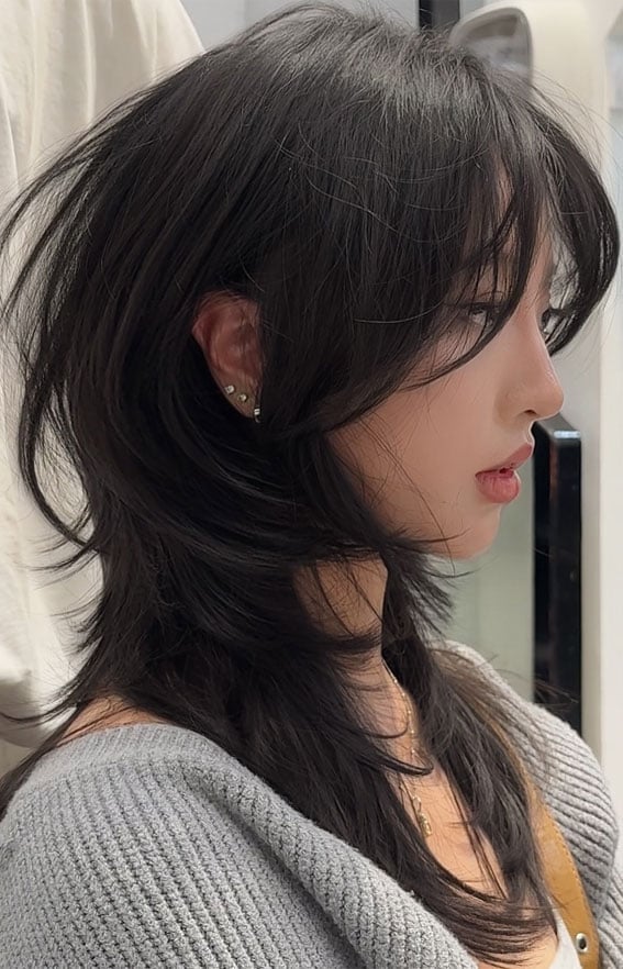 Soft Black Wolf Cut With Wispy Bangs, Collarbone